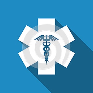 Emergency star - medical symbol Caduceus snake with stick icon isolated with long shadow. Star of Life