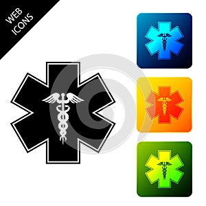 Emergency star - medical symbol Caduceus snake with stick icon isolated on white background. Star of Life. Set icons