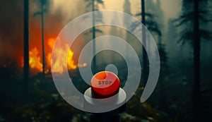 Emergency stop button with red light indicator in area of the burning forest