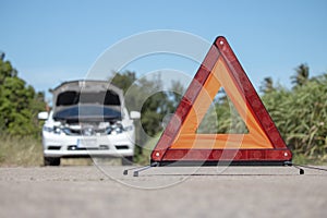 Emergency stop sign and driver near broken car on road