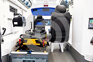 Emergency stretcher in a new delivered EMS ambulance