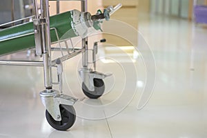 An emergency stretcher with no patient. Stretchers are mostly utilized in hospital settings to transport