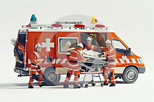 Emergency team with ambulance aiding patient in urgency. Medical response and care concept