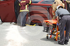 Emergency team on the road, car accident vehicle damage crash rescue litter accident