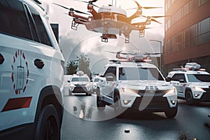 emergency vehicle with sirens blaring, surrounded by swarm of autonomous drones carrying medical supplies