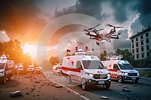 emergency vehicle with sirens blaring, surrounded by swarm of autonomous drones carrying medical supplies