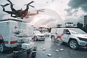 emergency vehicle with sirens blaring, surrounded by swarm of autonomous drones carrying medical supplies