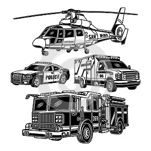 Emergency Vehicles Collection In Black And White