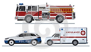Emergency vehicles. Fire truck, ambulance and police car