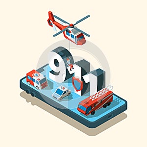 Emergency vehicles isometric. Safety urban transport 911 care call ambulance police vector car set