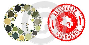 Emergency Watermark Badge and Coronavirus Mosaic Stencil Krasnodarskiy Kray Map in Camo Military Colors