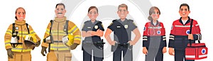 Emergency workers. Men and women firefighters, police officers and ambulance paramedics. Vector illustration