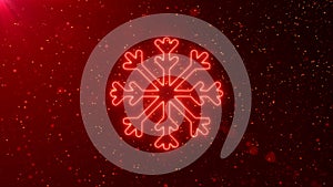 Emerging neon snowflake with golden particles in red space