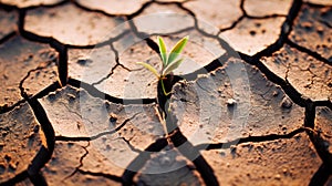 Emerging Resilience: Close-Up of a Young Plant Braving Dry Cracks in Fine-Grained Soil