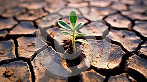 Emerging Resilience: A Close-Up of a Young Plant and Dry Cracks in Fine-Grained Soil