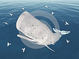 Emerging sperm whale and seagulls