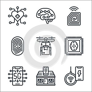 Emerging technology line icons. linear set. quality vector line set such as , smart home, g, drone delivery, fingerprint, rfid