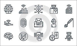 Emerging technology line icons. linear set. quality vector line set such as robot, haptic, deep learning, network server,