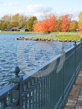 Emerson Park pier view of autumn trees that line shoreline