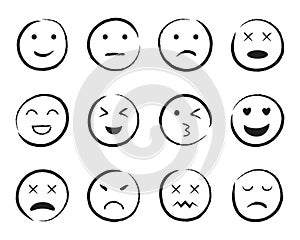 Emiji smile face hand drawn style. Happy, sad, angry face doodle icon. Emoji for social media. Cartoon people faces on isolated