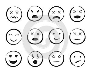 Emiji smile face hand drawn style. Happy, sad, angry face doodle icon. Emoji for social media. Cartoon people faces on isolated