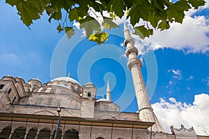 Eminonu New Mosque or Yeni Cami with tree and partly cloudy sky