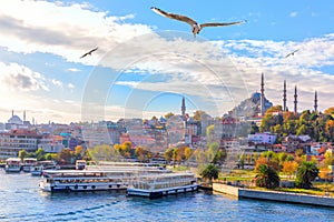 Eminonu pier and the Suleymaniye Mosque in Istanbul, Turkey