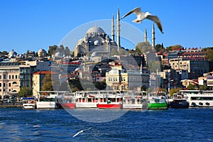 Eminonu Pier and Suleymaniye Mosque in Istanbul, Turkey