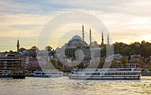 Eminonu shorescape, traveling boats and ships , historical peninsula istanbul photo