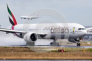 Emirates Airlines Boeing 777-300ER A6-EGP passenger plane departure at Frankfurt airport