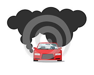 Emission CO2 of automobile fuel vector illustration, flat cartoon car with big smoke cloud gas, concept of carbon