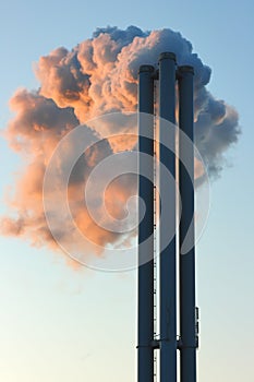 Emission into the environment of steam coming out of factory chimneys. photo