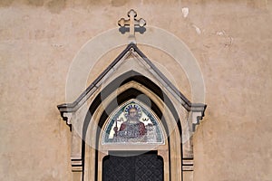 Emmaus monastery Na Slovanech, Abbey Church of the Blessed Virgin Mary, St. Jerome and Slavic Saints entrance architectural detail