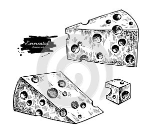 Emmental cheese drawing. Vector hand drawn food sketch. Engraved triangle slice and cube cut.