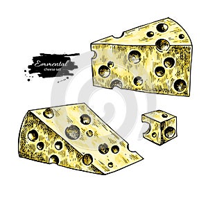 Emmental cheese drawing. Vector hand drawn food sketch. Triangle slice and cube cut.