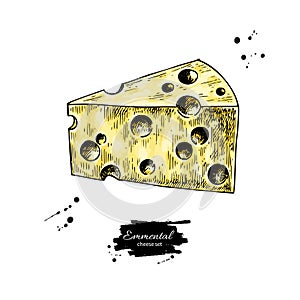 Emmental cheese drawing. Vector hand drawn food sketch. Triangle slice cut.