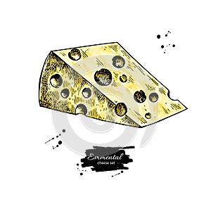 Emmental cheese drawing. Vector hand drawn food sketch. Triangle slice cut.