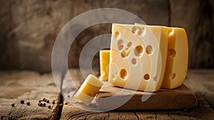 Emmental cheese, featuring its pale yellow hue, nutty flavor, and iconic holes, on a wooden cutting board with a wooden rustic