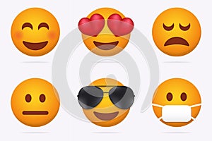 Emogi face 3d. Joyful yellow hearts with love eyes distraught pensive with poker face fashionable aviator sunglasses.