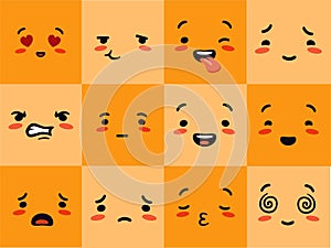 Emogi face square. Emotional characters experience yellow joyful hearts with love eyes astonished sobbing.