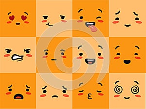 Emogi face square. Emotional characters experience yellow joyful hearts with love eyes astonished sobbing. photo