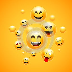 Emoji 3d emoticon background. Cartoon face group smiley happy friendship emoji funny design concept