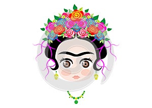 Emoji baby Frida Kahlo with crown of colorful flowers, isolated photo