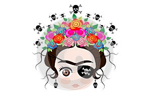 Emoji baby Frida Kahlo with crown and of colorful flowers, Pirate icon Emoji, vector isolated photo