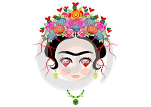 Emoji baby Frida Kahlo love with crown and of colorful flowers, isolated photo