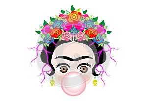 Emoji baby Frida Kahlo to cray with crown and of colorful flowers, baby girl with gum bubble, vector isolated