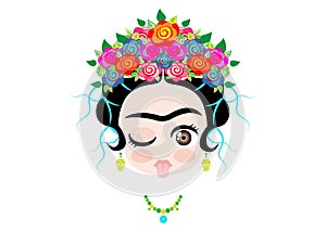 Emoji baby Frida Kahlo to the tongue out with crown and of colorful flowers, isolated photo