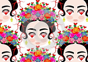 Emoji baby Mexican woman with crown of colorful flowers, typical Mexican hairstyle, little girl with eyes to heart photo