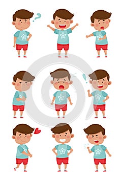 Emoji Boy with Different Face Expressions Like Puzzled and Scared Face Vector Set