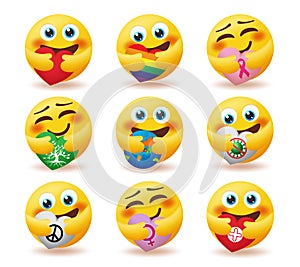 Emoji care emoticon vector set. Emoticons smiley characters in hug pose with heart elements of world, peace and nature for emojis.